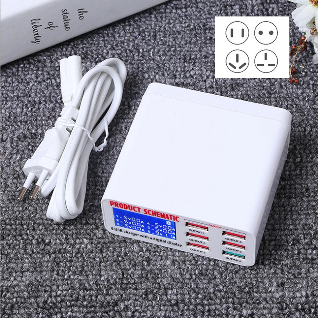 Caricatore USB 8A QC3.0 con display LCD Caricatore per telefono cellulare desktop a 6 porte Ricarica rapida intelligente per smartphone Tablet PC