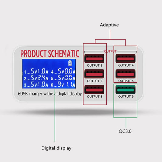 Caricatore USB 8A QC3.0 con display LCD Caricatore per telefono cellulare desktop a 6 porte Ricarica rapida intelligente per smartphone Tablet PC
