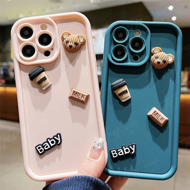 Custodia per telefono in silicone liquido per Samsung Galaxy A33 A53 A73 A12 A22 A32 A52S A72 A21S A31 A51 A71 3D Coffee Bear Cover posteriore