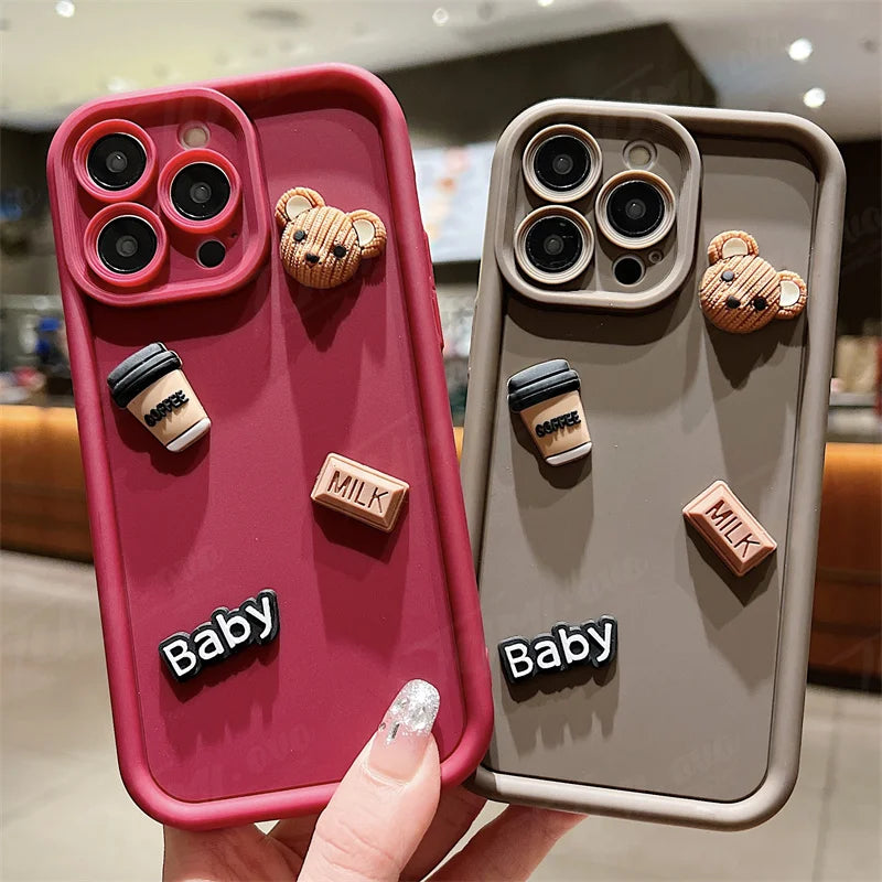 Custodia per telefono in silicone liquido per Samsung Galaxy A33 A53 A73 A12 A22 A32 A52S A72 A21S A31 A51 A71 3D Coffee Bear Cover posteriore